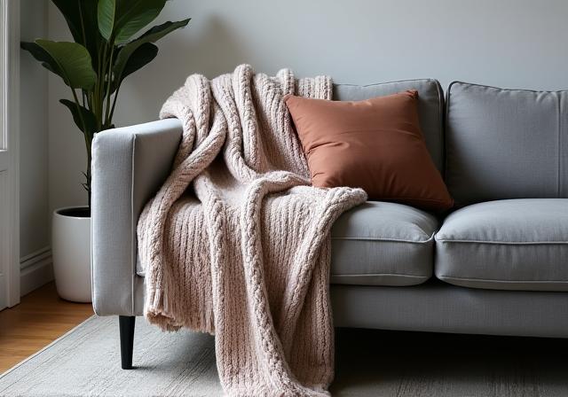 A contemporary grey sofa elegantly draped with a chunky knit throw blanket.